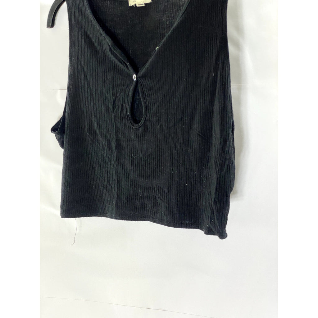 SILENCE + NOISE Women's Black Ribbed Button-Front Keyhole Crop Top SZ S