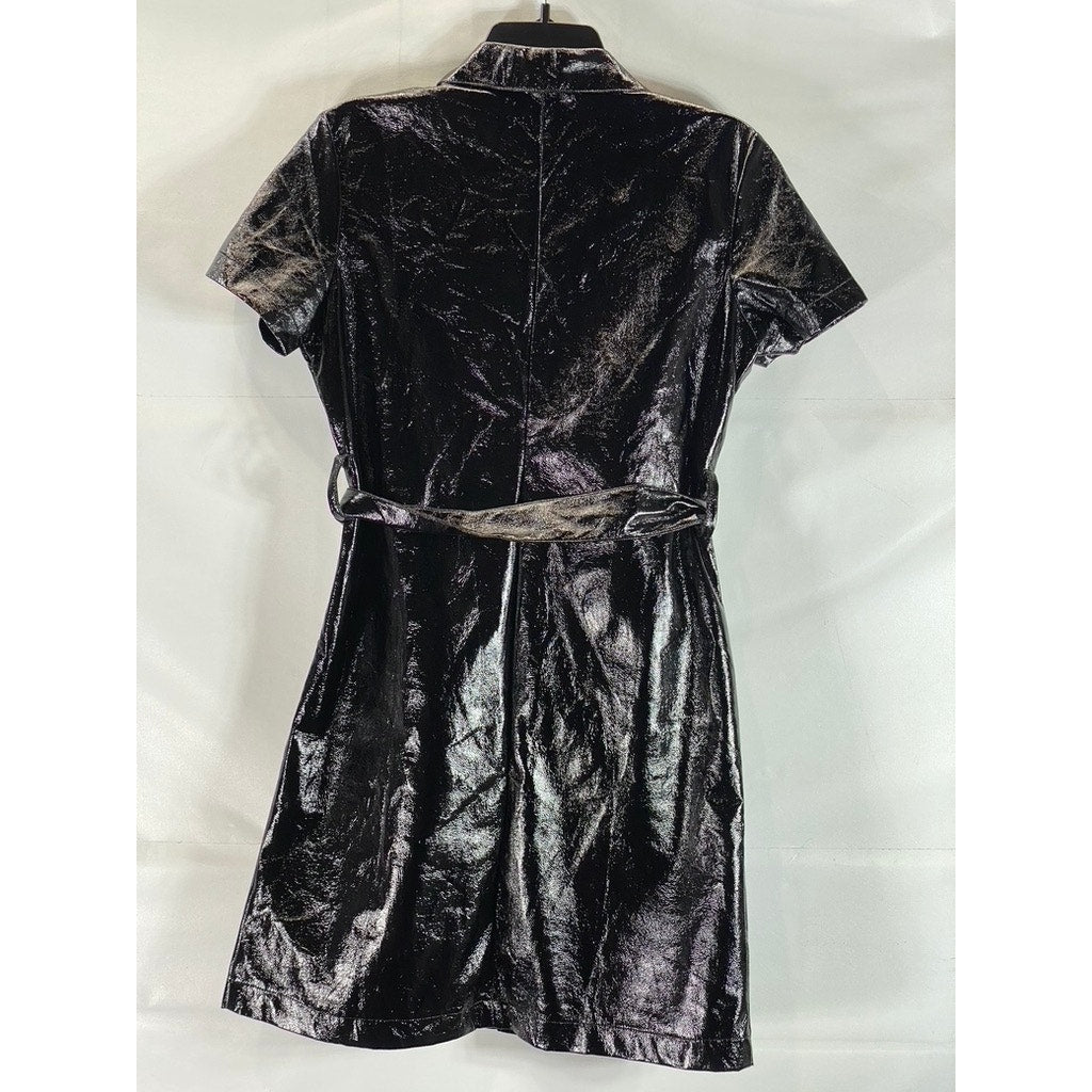 EIGHT PARIS Women's Black Faux-Leather Short-Sleeve Mini Belted Dress SZ M