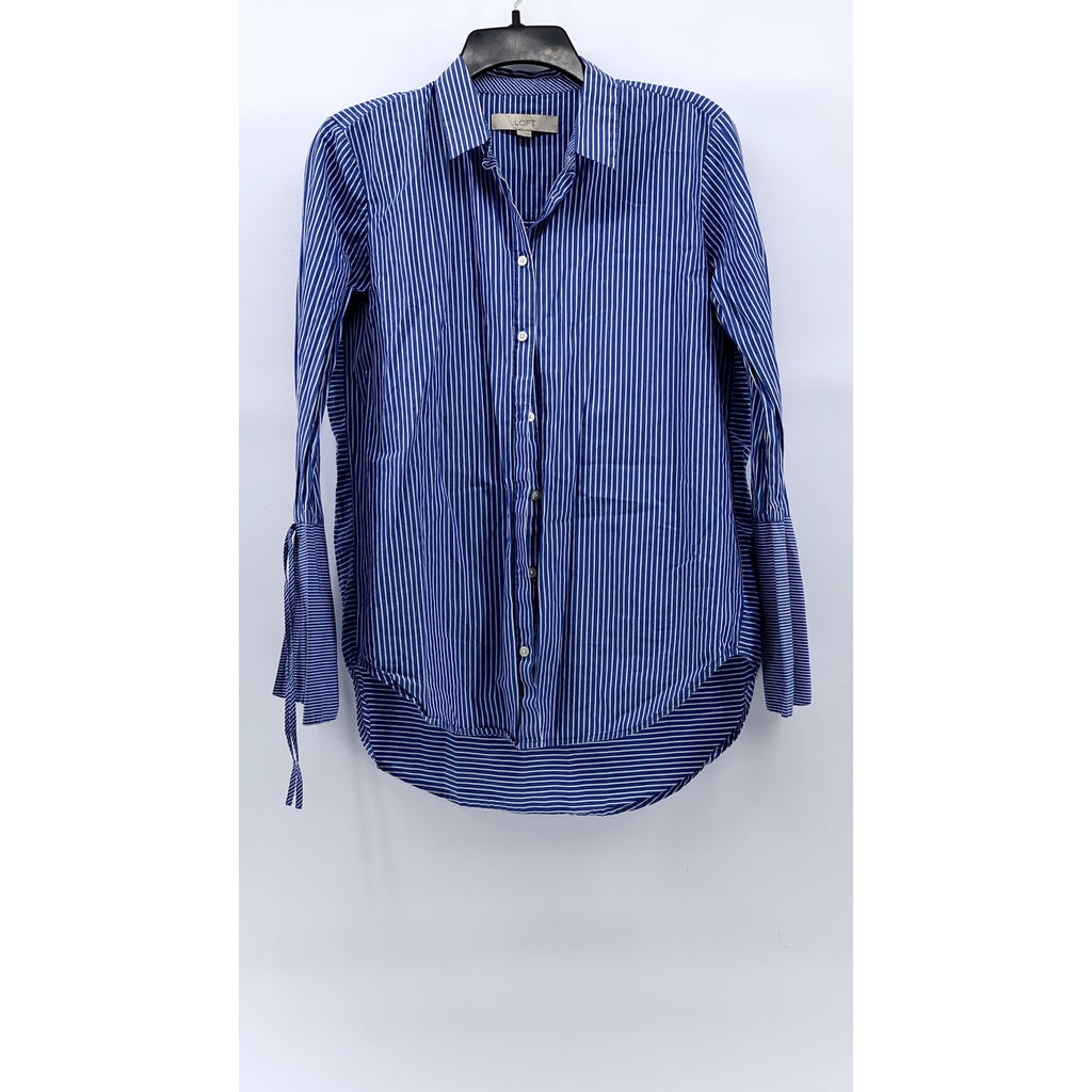 LOFT Women's Blue-White Striped Button-Up Round-Hem Long Sleeve Top SZ S