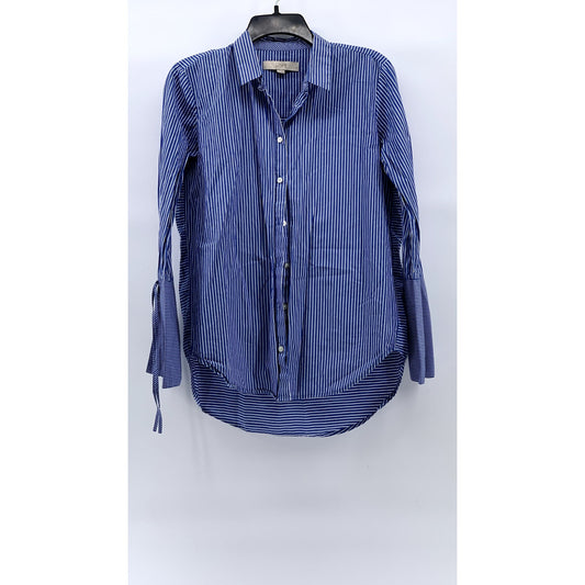 LOFT Women's Blue-White Striped Button-Up Round-Hem Long Sleeve Top SZ S