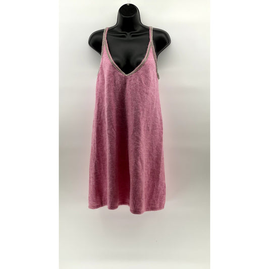 ZARA Women's Pink V-Neck Alpaca-Wool Blend Embellished A-Line Mini Dress SZ L