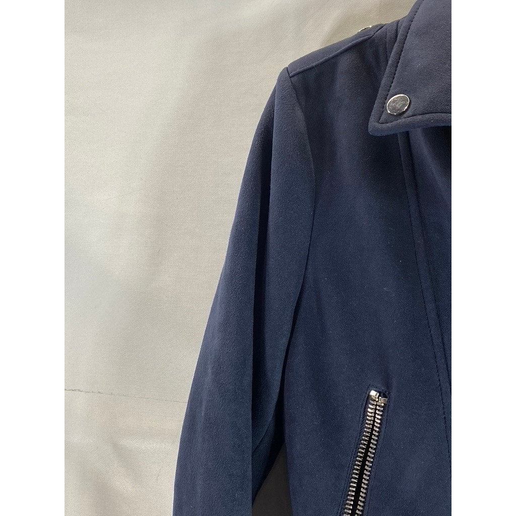PRIMARK Women's Navy Asymmetrical Moto Faux Suede Buckle Biker Jacket SZ 8