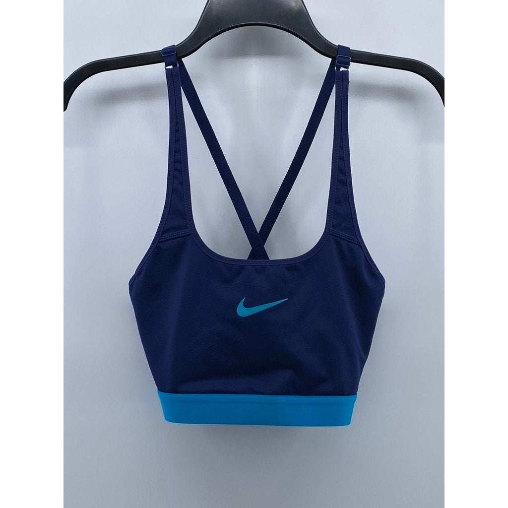 NIKE Women's Navy-Light Blue Scoop-Neck Logo Dri-Fit Cross-Back Sport Bra SZ M