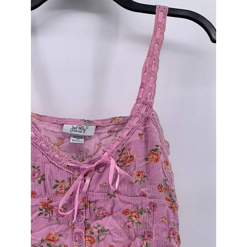 JUST POLLY Juniors' Pink Floral Printed Ribbon Trim Top SZ M