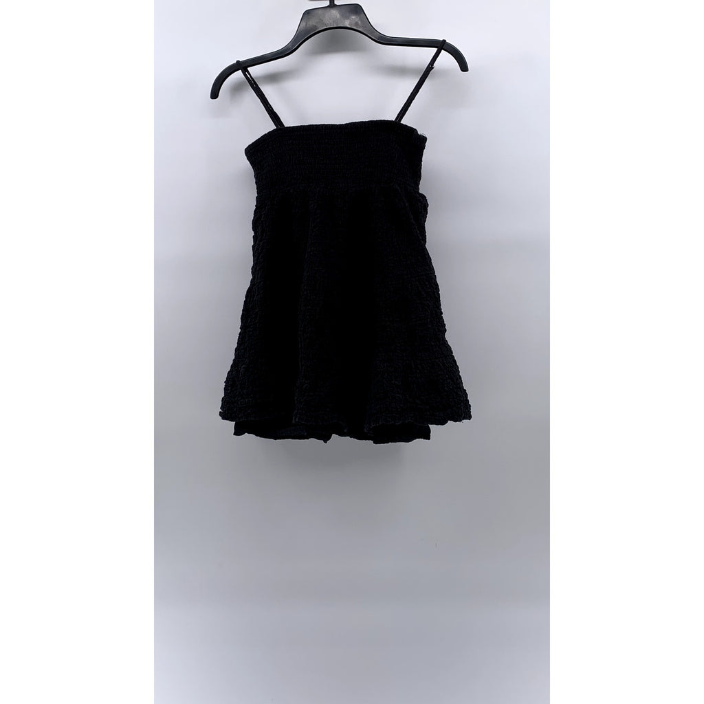 ZARA Women's Black Textured Straight-Neck Spaghetti Strap A-Line Mini Dress SZ S