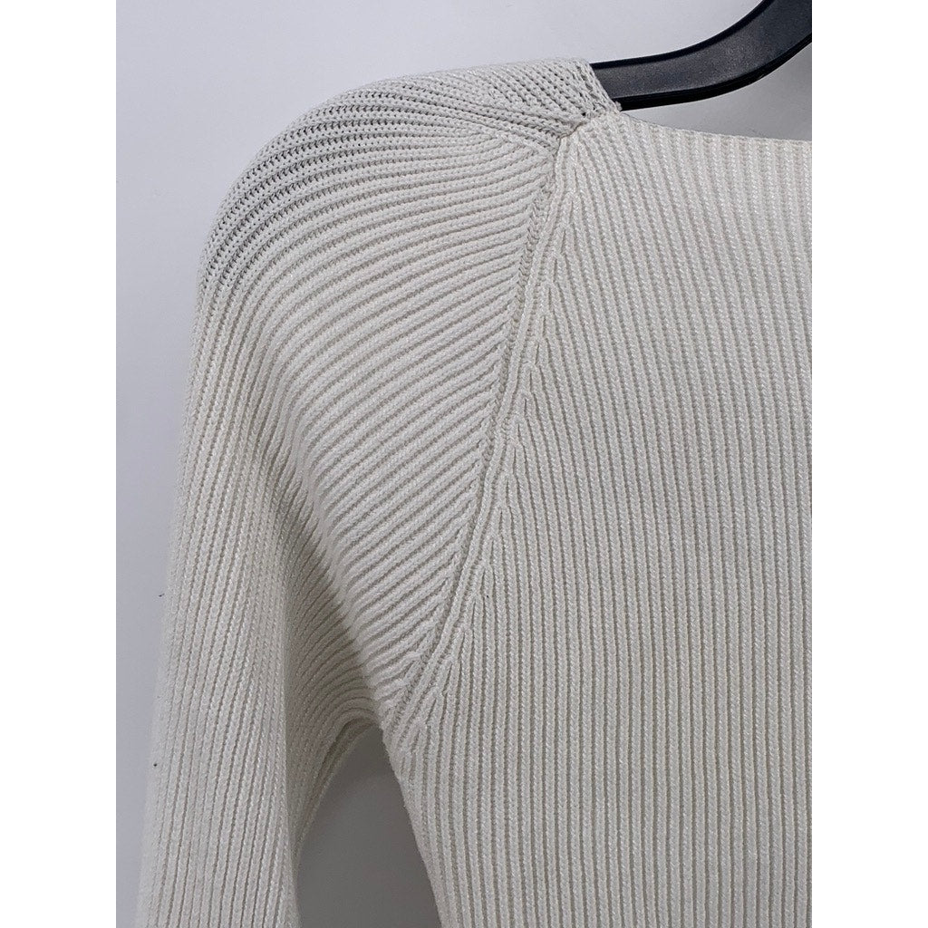 UNBRANDED Women's White Rib Square Hem Slim Fit Long Sleeve V-Neck Top SZ S