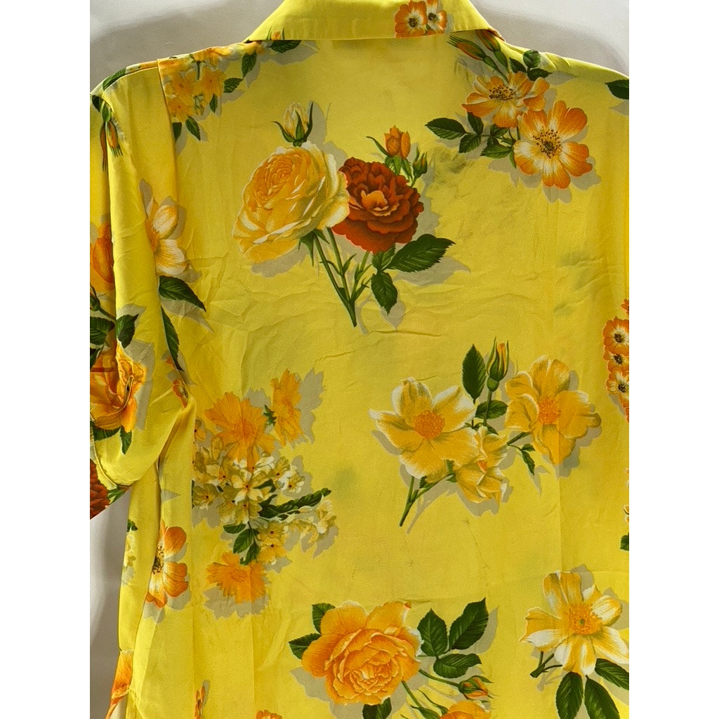 SIMPLE RETRO Women's Yellow/Orange Floral Print Short Sleeve Button-Up Top SZ S