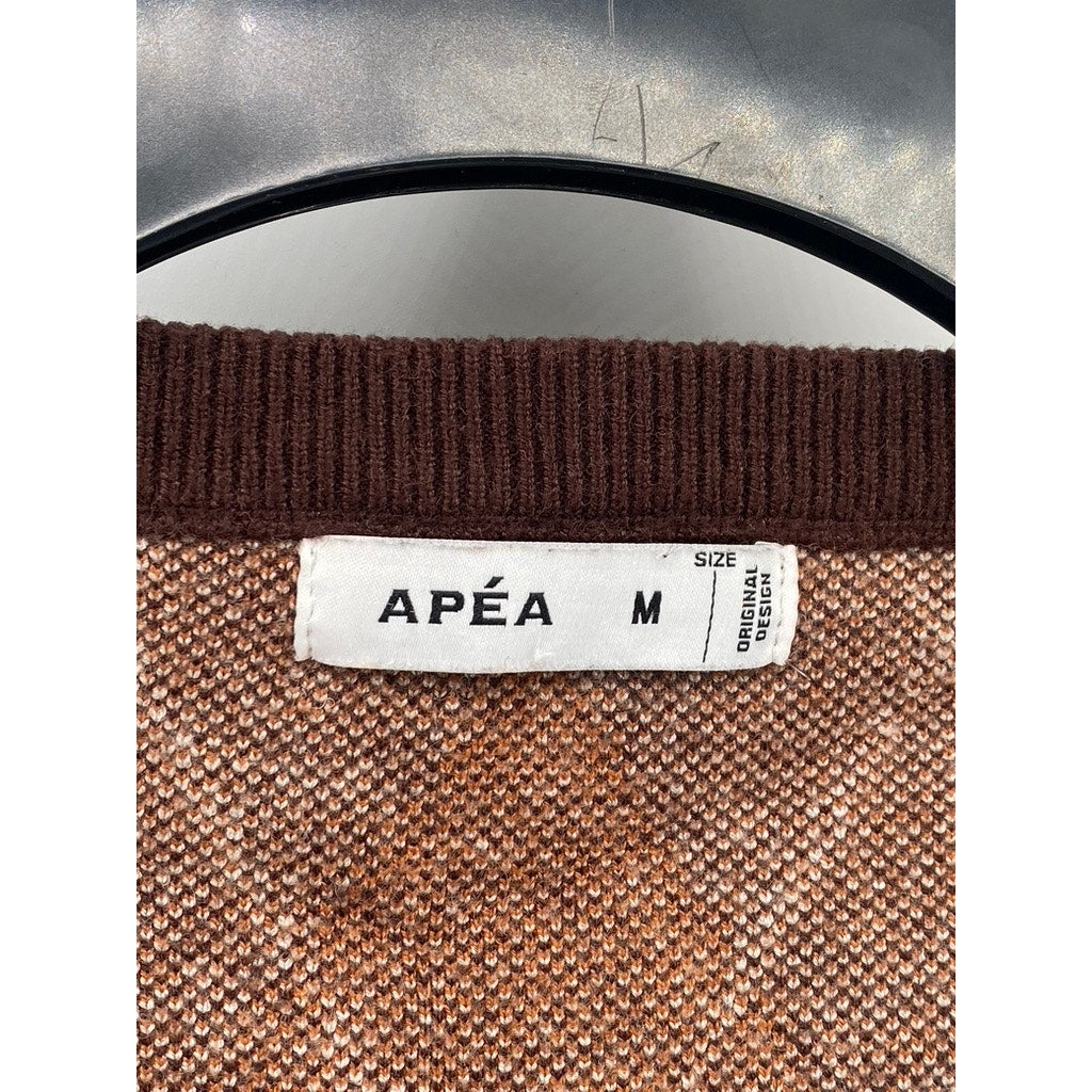 APEA Women's Brown-Orange Plaid Puff Long Sleeve Cropped Cardigan SZ M