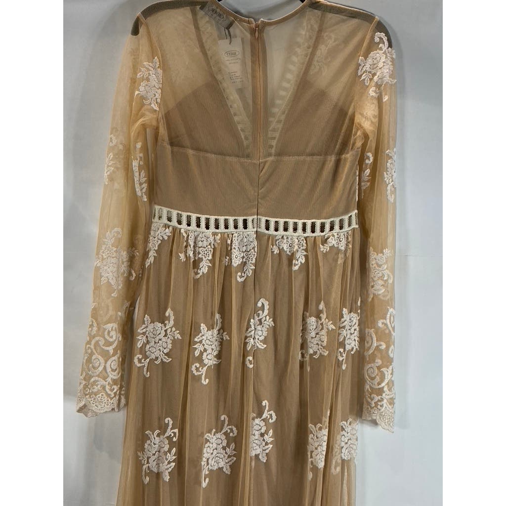 CIDER Women's Tan V-Neck Mesh Floral Lace Long Sleeve Maxi Dress SZ M(US6)