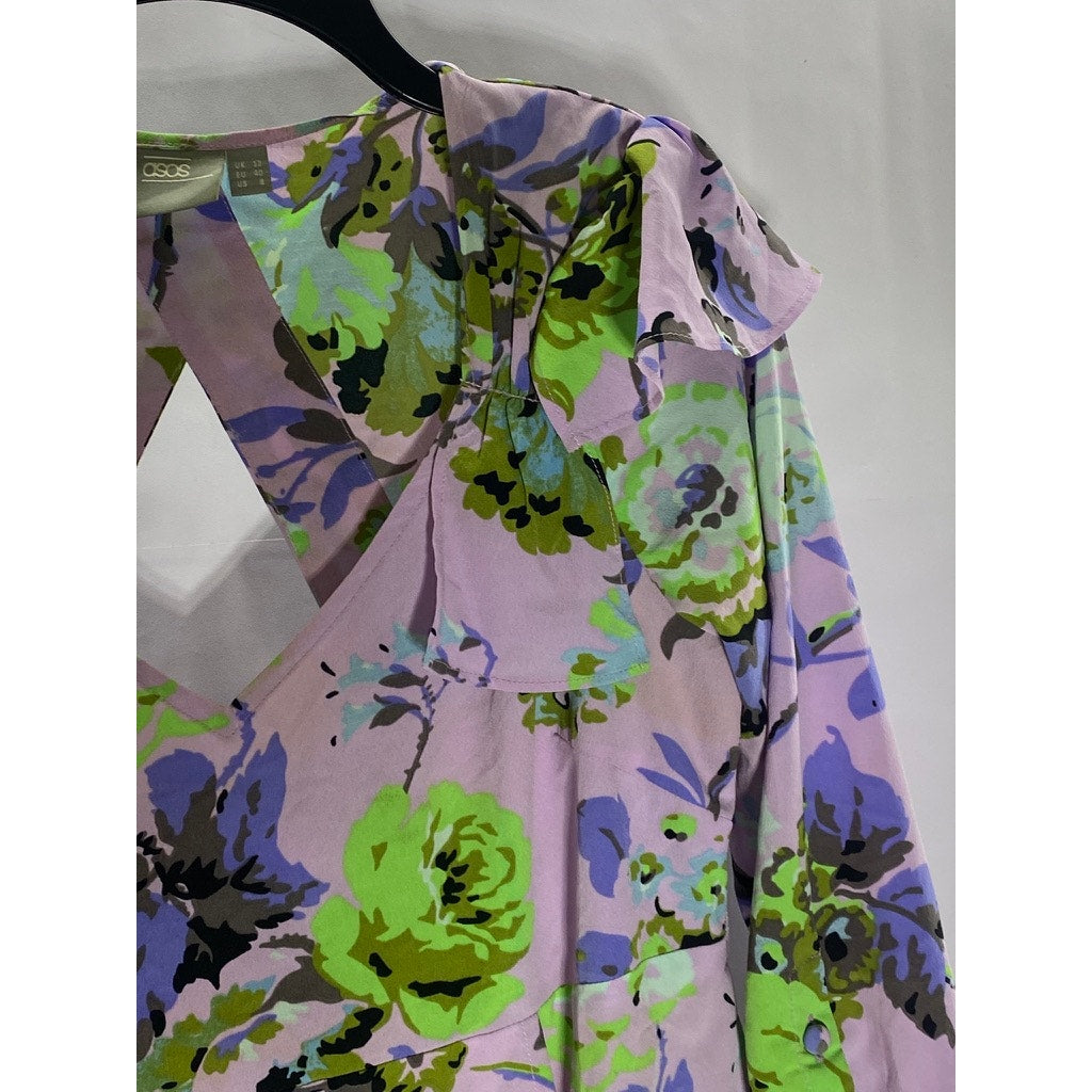 ASOS Women's Lilac Floral V-Neck Ruffle Shoulder Long Sleeve Midi Dress SZ 8
