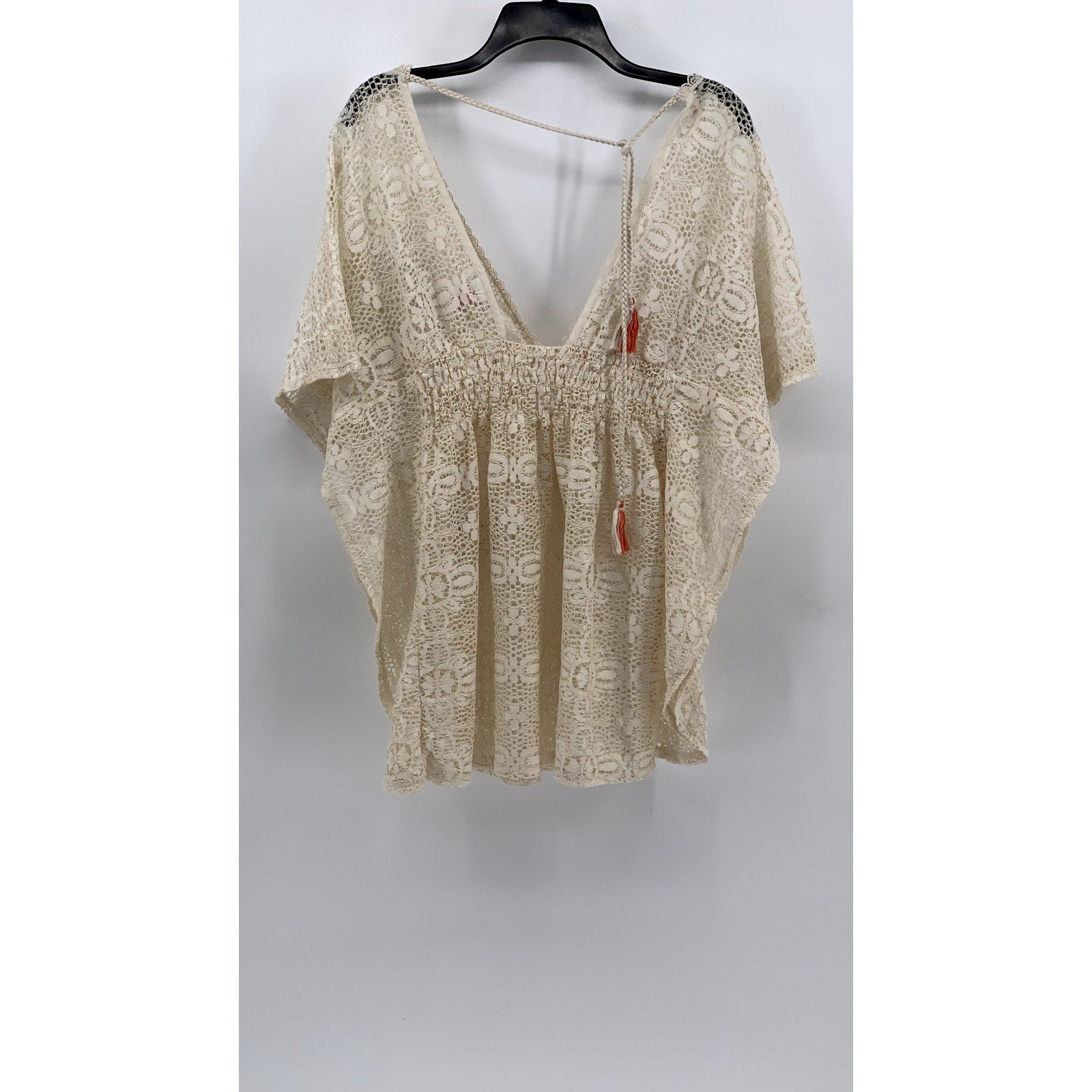 XHILARATION Women's Beige Floral Lace V-Neck Short Sleeve Swim Cover-Up SZ M