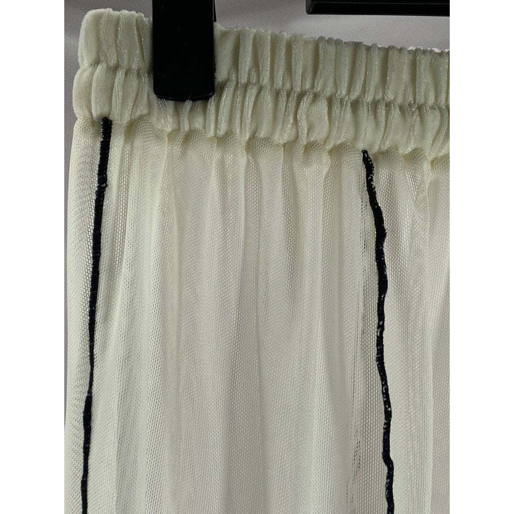MOSSKAH Women's White Cream/Black Drawstring Striped Mesh Pant Cover Up SZ S