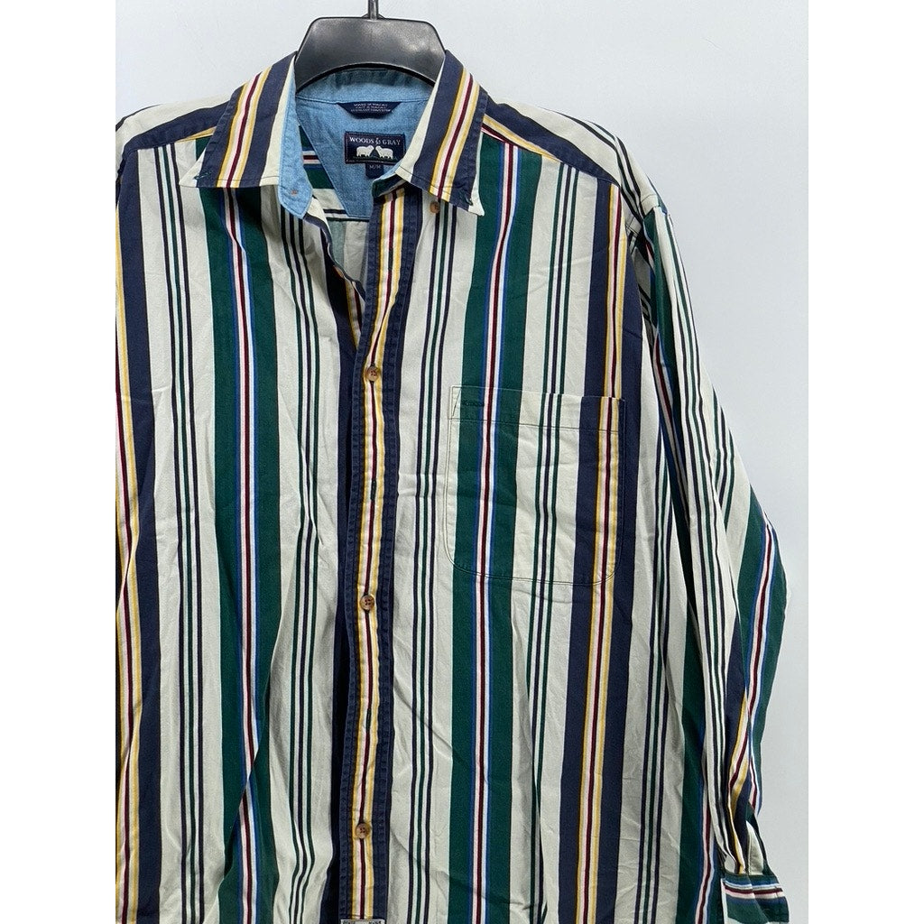 WOODS & GRAY Men's Vintage Green-Blue-Yellow Striped Button-Up Shirt SZ M