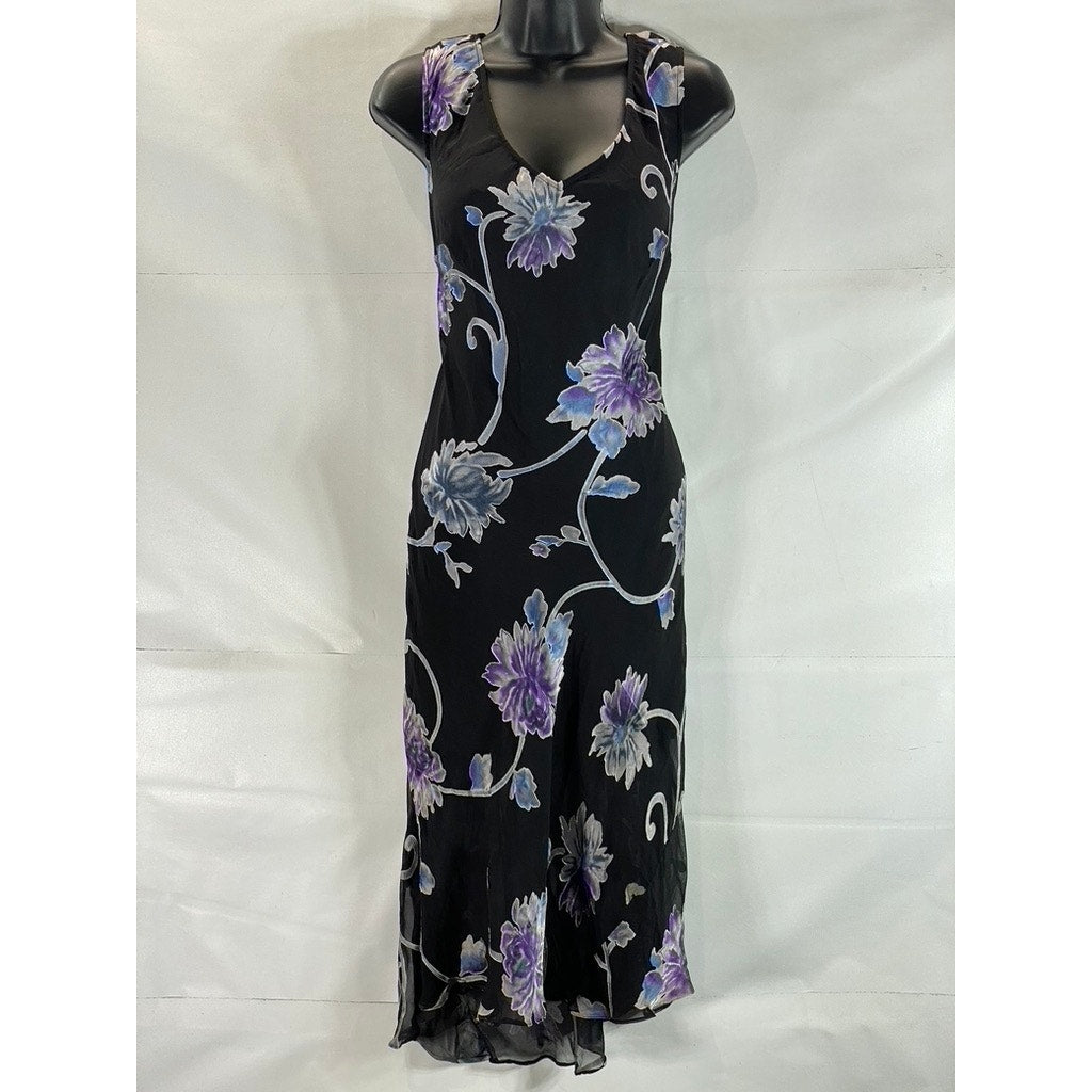 UNBRANDED Women's Black/Blue Floral Sheer V-Neck Sleeveless Midi Dress SZ S