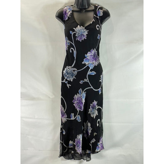 UNBRANDED Women's Black/Blue Floral Sheer V-Neck Sleeveless Midi Dress SZ S