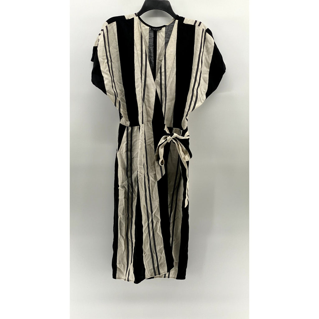 TOPSHOP Women's Black-Beige Striped Short Sleeve Knee-Length Wrap Dress SZ 6