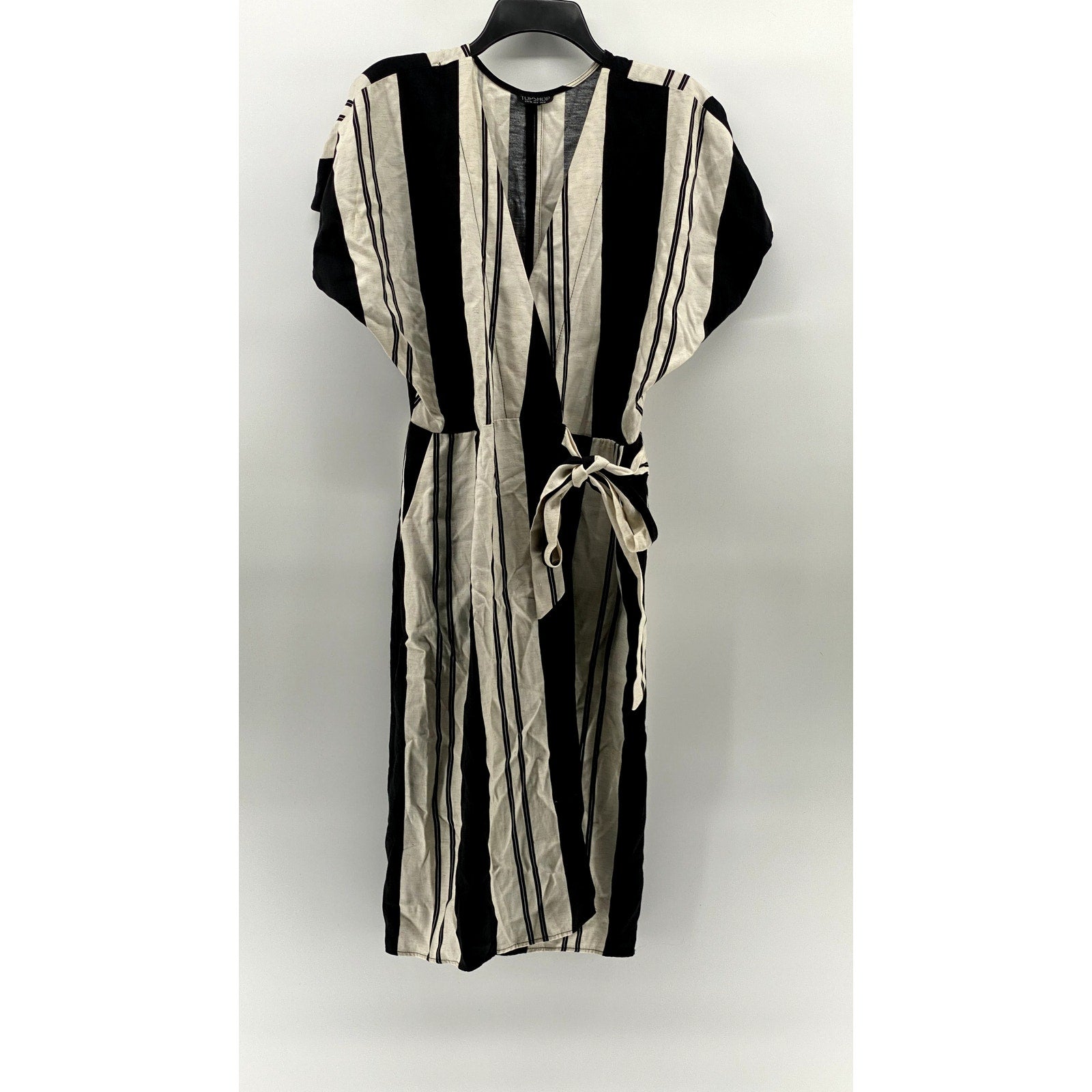 TOPSHOP Women's Black-Beige Striped Short Sleeve Knee-Length Wrap Dress SZ 6