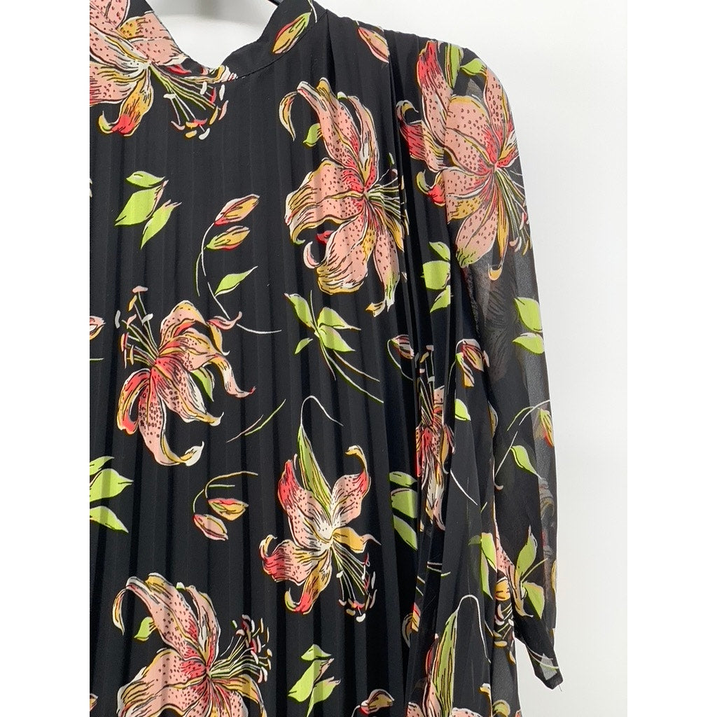 ASOS Women's Black Floral Print Long Sleeve Pleated A-Line Knee Length Dress SZ8