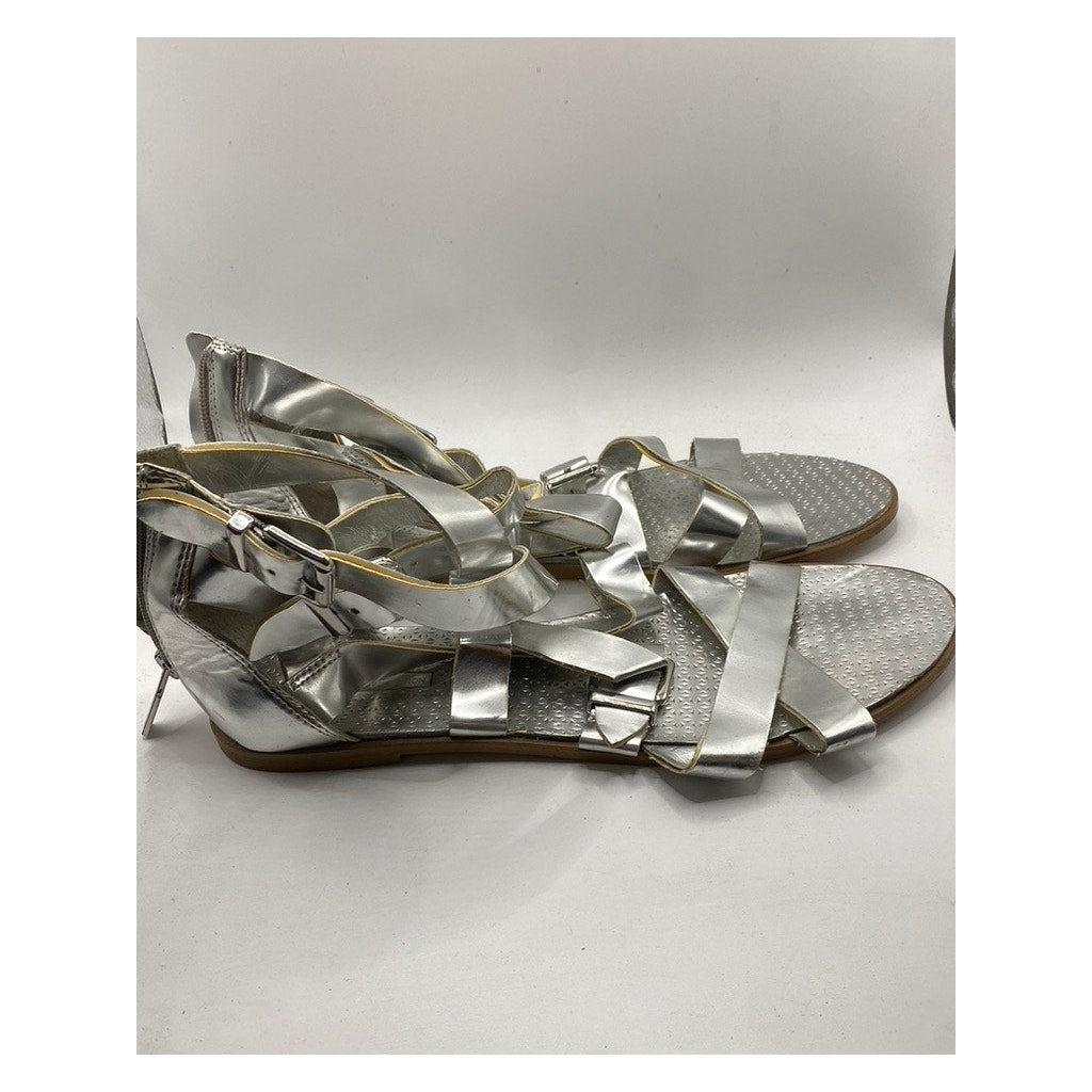 BCBGENERATION Women's Silver Metallic Sylivia Strappy Open-Toe Flat Sandals SZ10