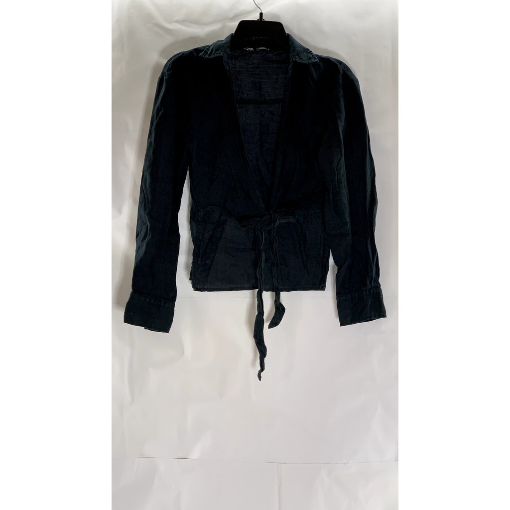 ZARA Women's Black Washed Hi-Lo Open Tie-Front Collared Long Sleeve Top SZ XS