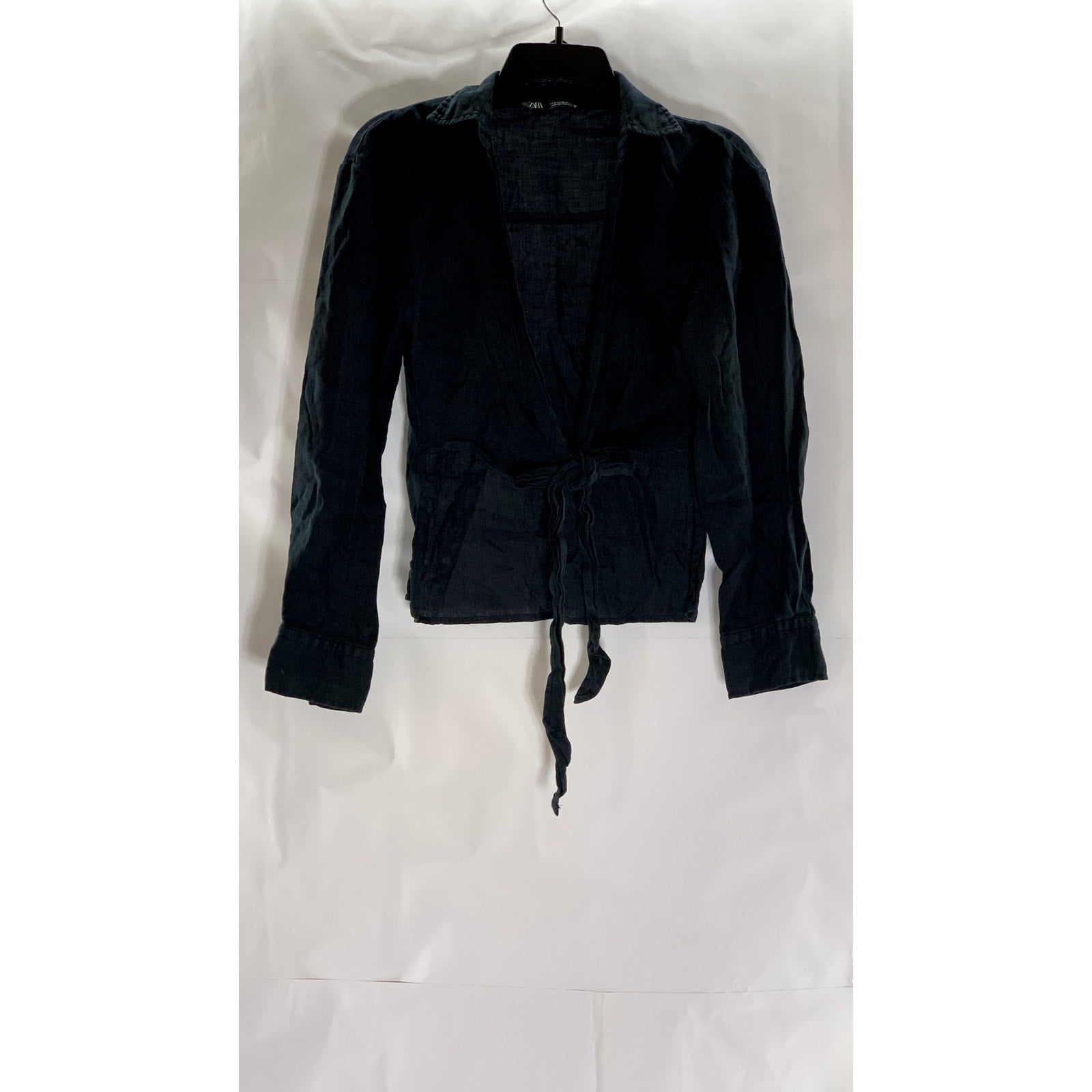 ZARA Women's Black Washed Hi-Lo Open Tie-Front Collared Long Sleeve Top SZ XS