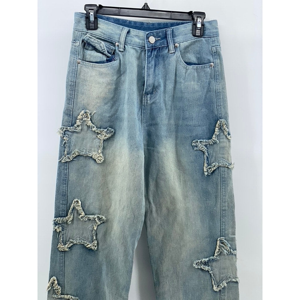 UNBRANDED Women's Light Blue Dyed Star Patch Streetwear Straight-Slim Jeans SZ M