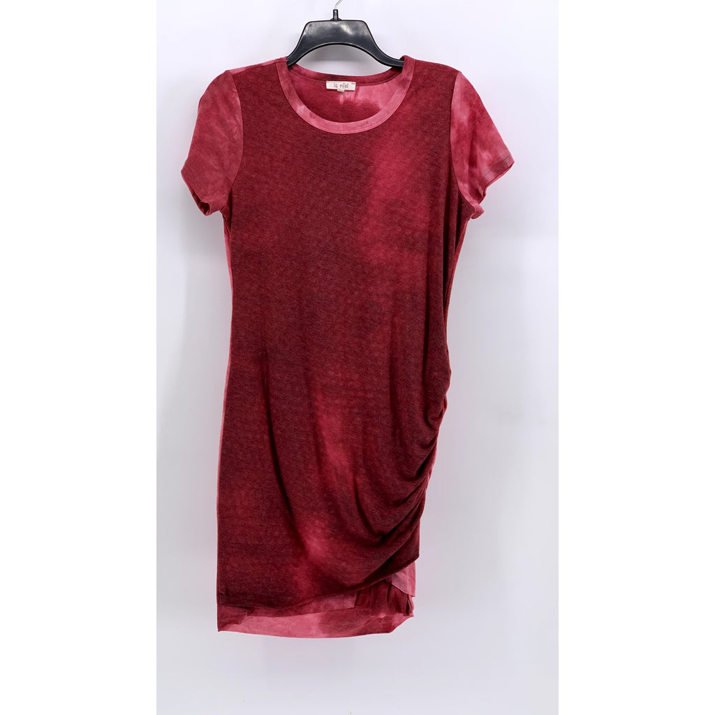 LA MIEL Women's Red Tie-Dye Side Ruched Short Sleeve Crewneck T-Shirt Dress SZ L