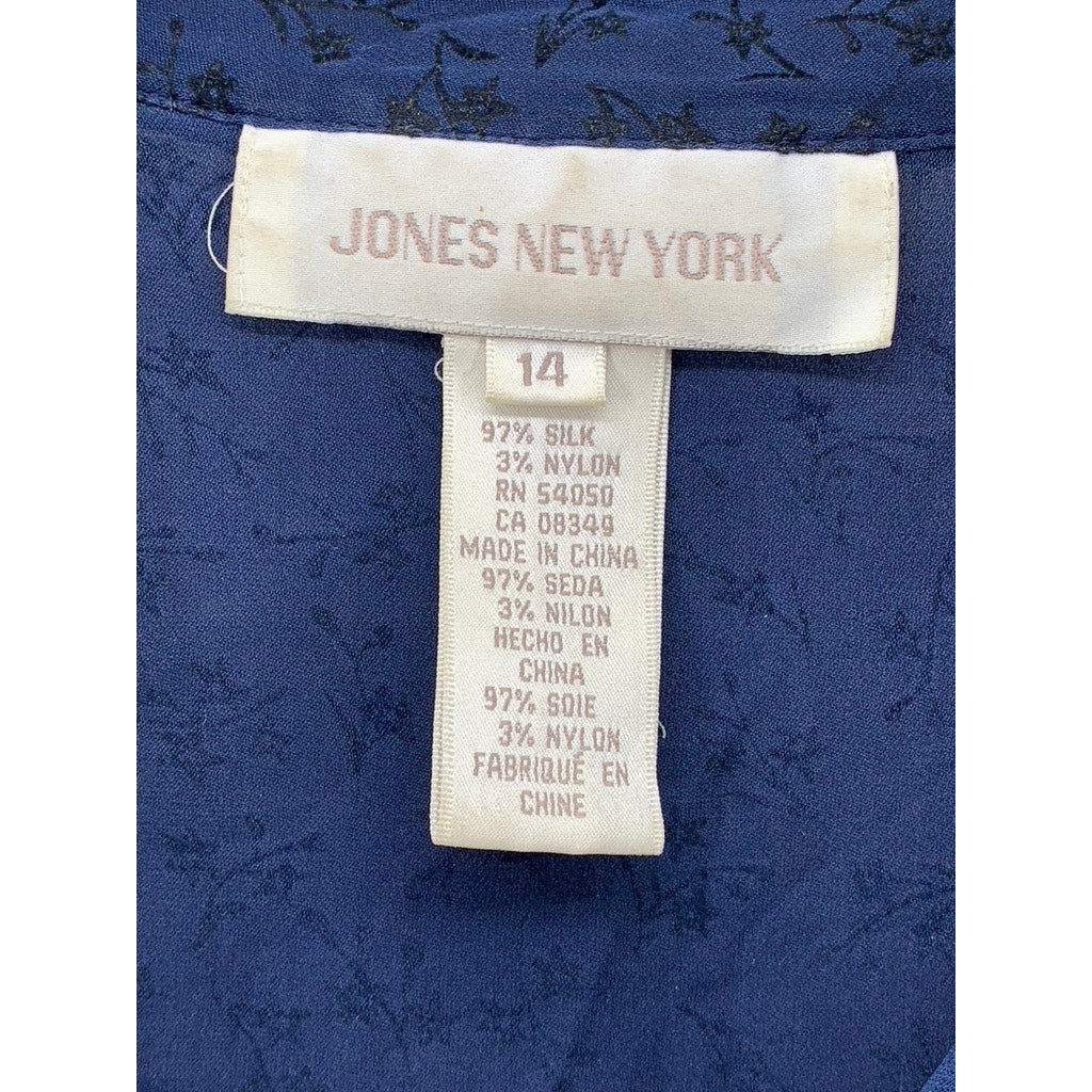 JONES NEW YORK Women's Blue Floral Sheer Button-Up  Long Sleeve Top SZ 14