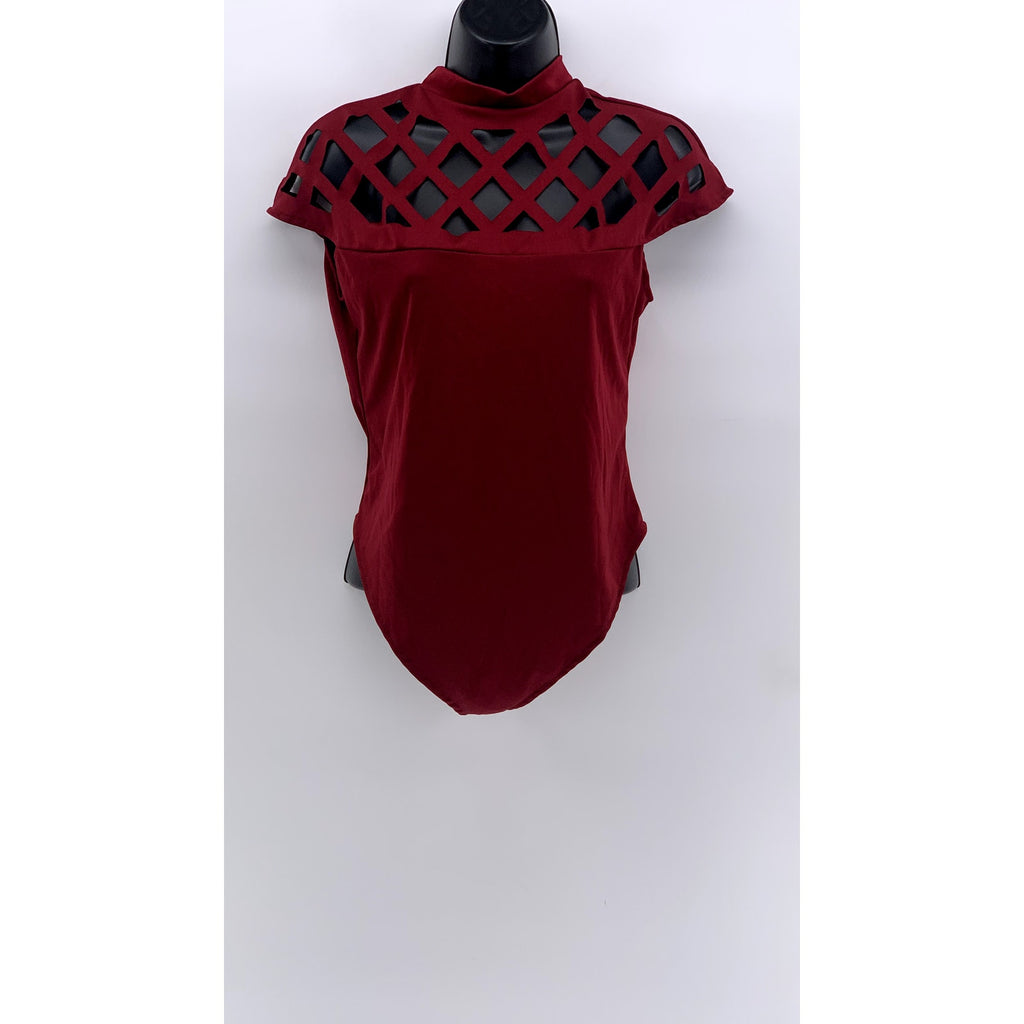 UNBRANDED Women's Burgundy Cutout Mock-Neck Cap Sleeve Bodysuit SZ XL