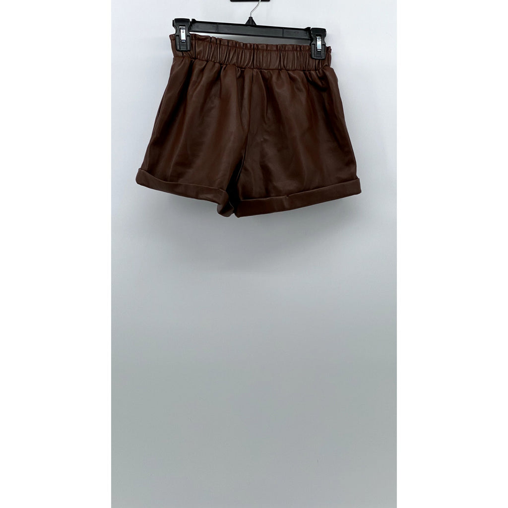 FORVER 21 Women's Brown Faux-Leather Pull-On Cuffed Paperbag Shorts SZ XS