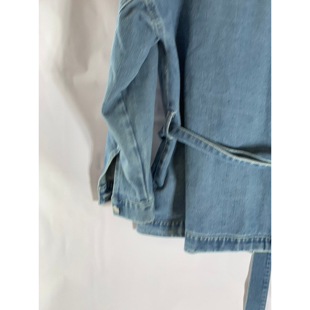 BLACK LABEL By C'EST TOI Women's Blue Denim Button-Up Belted Long Sleeve Top SZM
