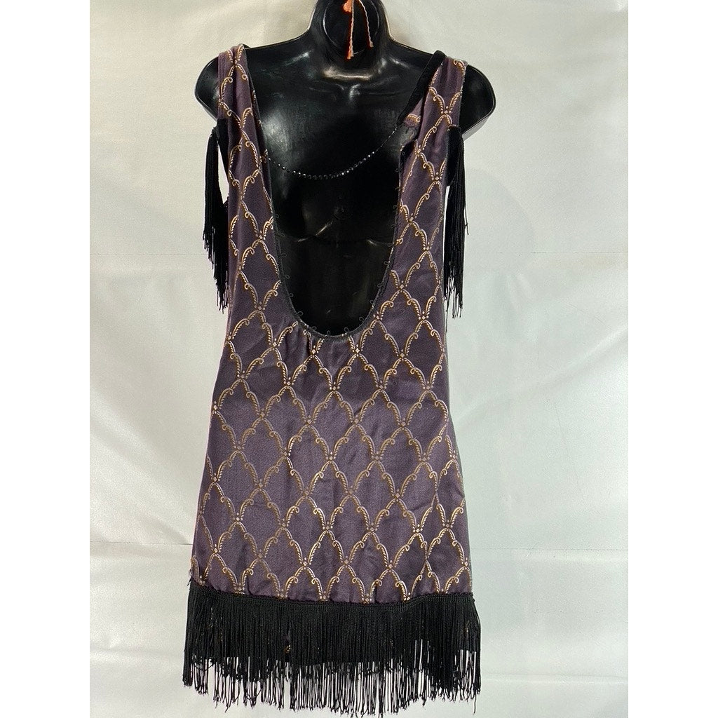 VINTAGE Unbranded Women's Purple/Nude Fringe Open-Back Mini Flapper Dress SZ M