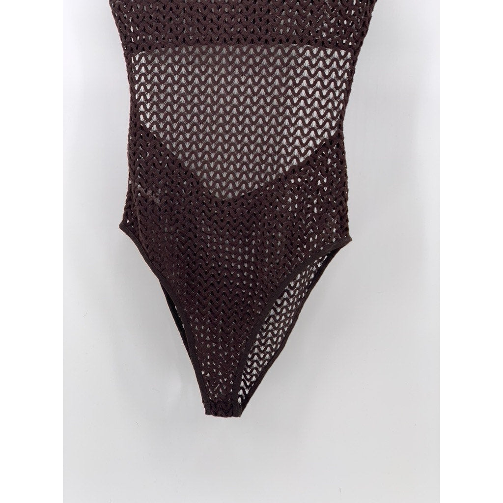 ZARA Women's Brown Mesh Cutout Back Sleeveless Crewneck One-Piece Bodysuit SZ S