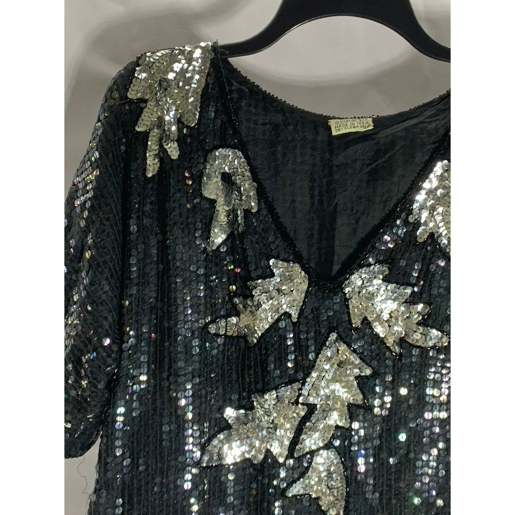 UNBRANDED Women's Vintage Black Sequin Embellished V-Neck Short Sleeve Top SZ S