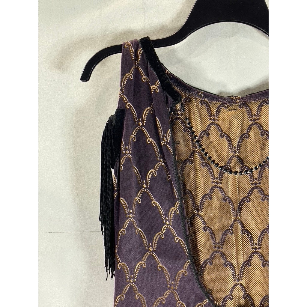 VINTAGE Unbranded Women's Purple/Nude Fringe Open-Back Mini Flapper Dress SZ M