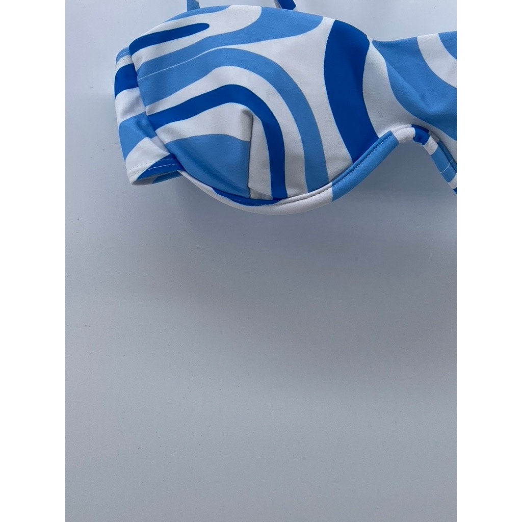 AURELLE Women's Blue-White Swirl Print Adjustable Strap Bikini Top SZ M