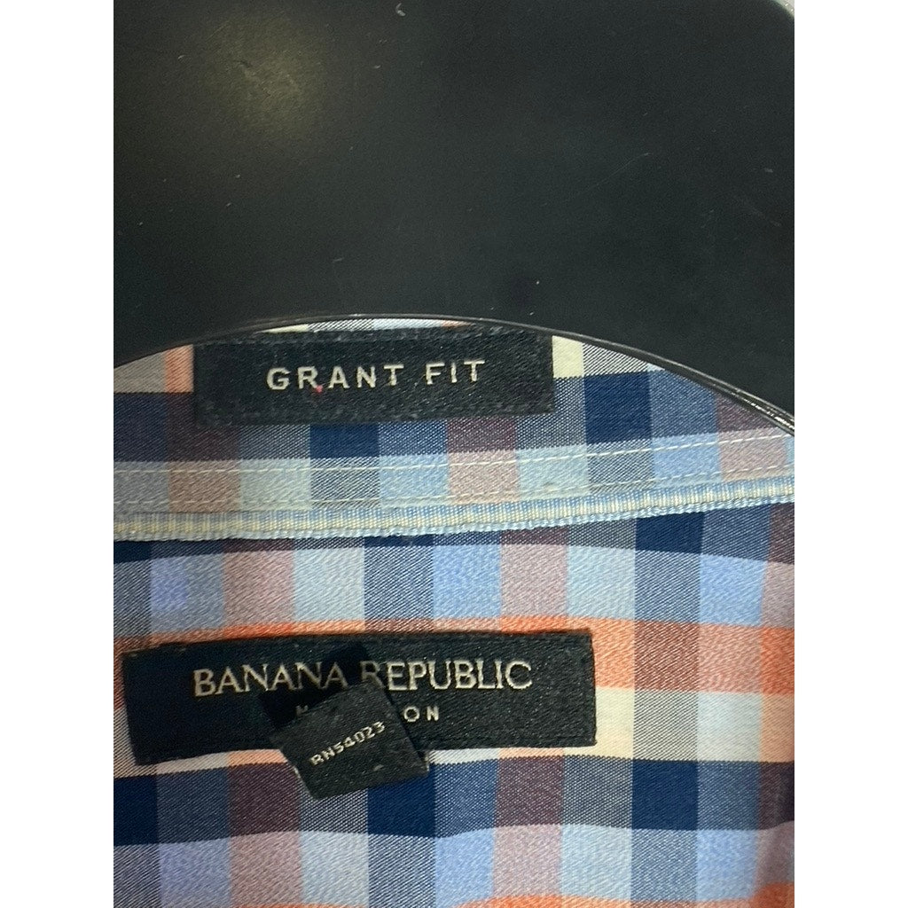 BANANA REPUBLIC Men's Orange/Blue Tri-Tone Gingham Grant Fit Button-Up Shirt SZM