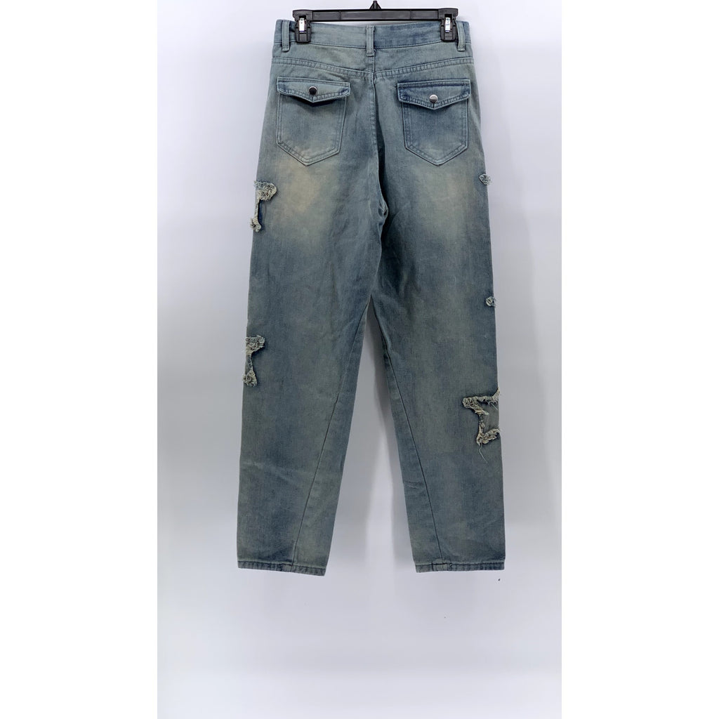 UNBRANDED Women's Light Blue Dyed Star Patch Streetwear Straight-Slim Jeans SZ M