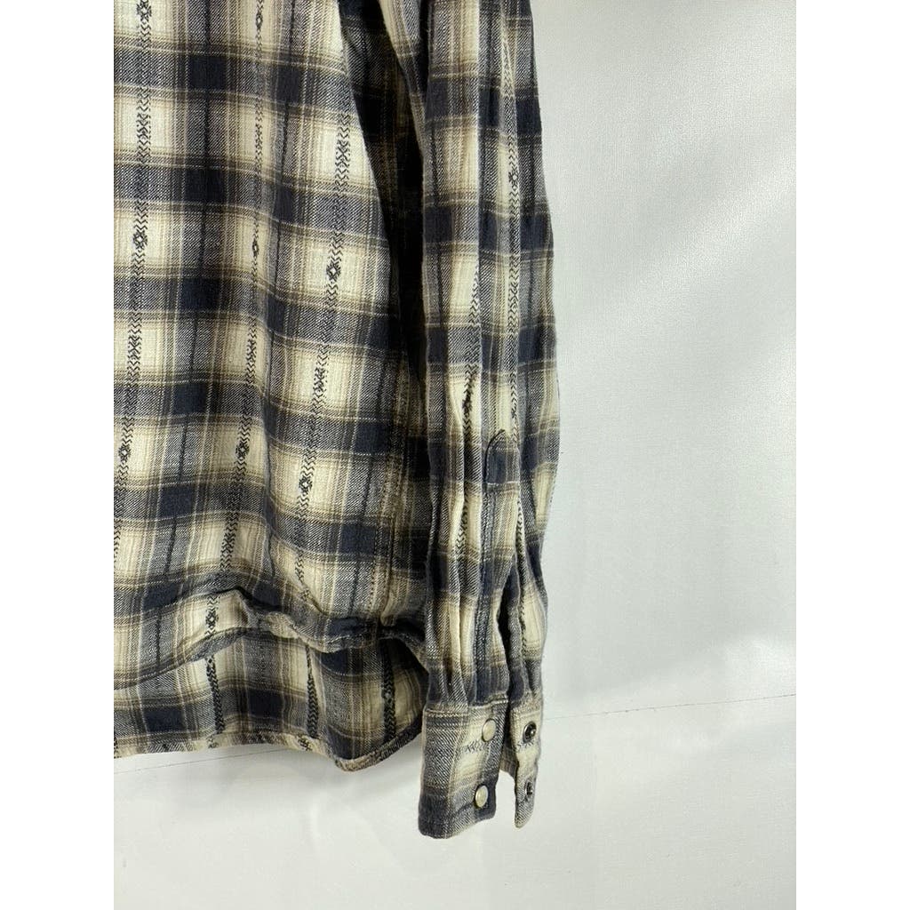 LUCKY BRAND Men's Cream/Gray Plaid Snap Button-Up Long Sleeve Western Shirt SZ L