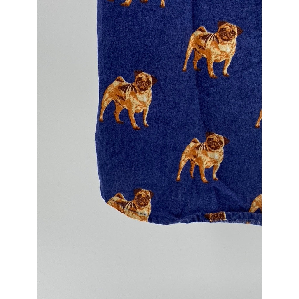 FOREVER 21 Men's Dark Blue-Brown Pug Graphic Button-Up Short Sleeve Shirt SZ L