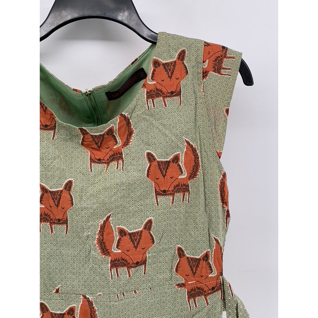 SM WARDROBE Women's Green Fox Print Sleeveless Tie-Back Mini Dress SZ S