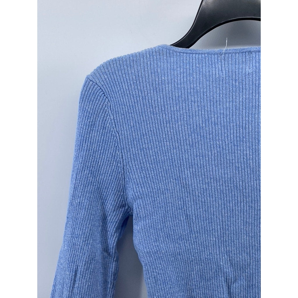 H&M Women's Blue Ribbed Scoop-Neck Long Sleeve Top SZ M