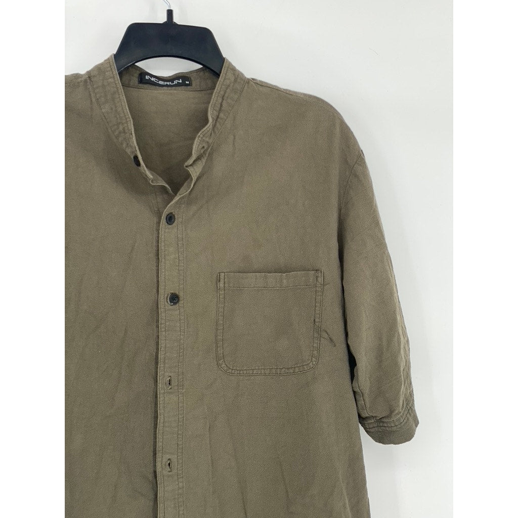 INCERUN Men's Olive Green Button-Up Short Sleeve Cotton Shirt SZ M