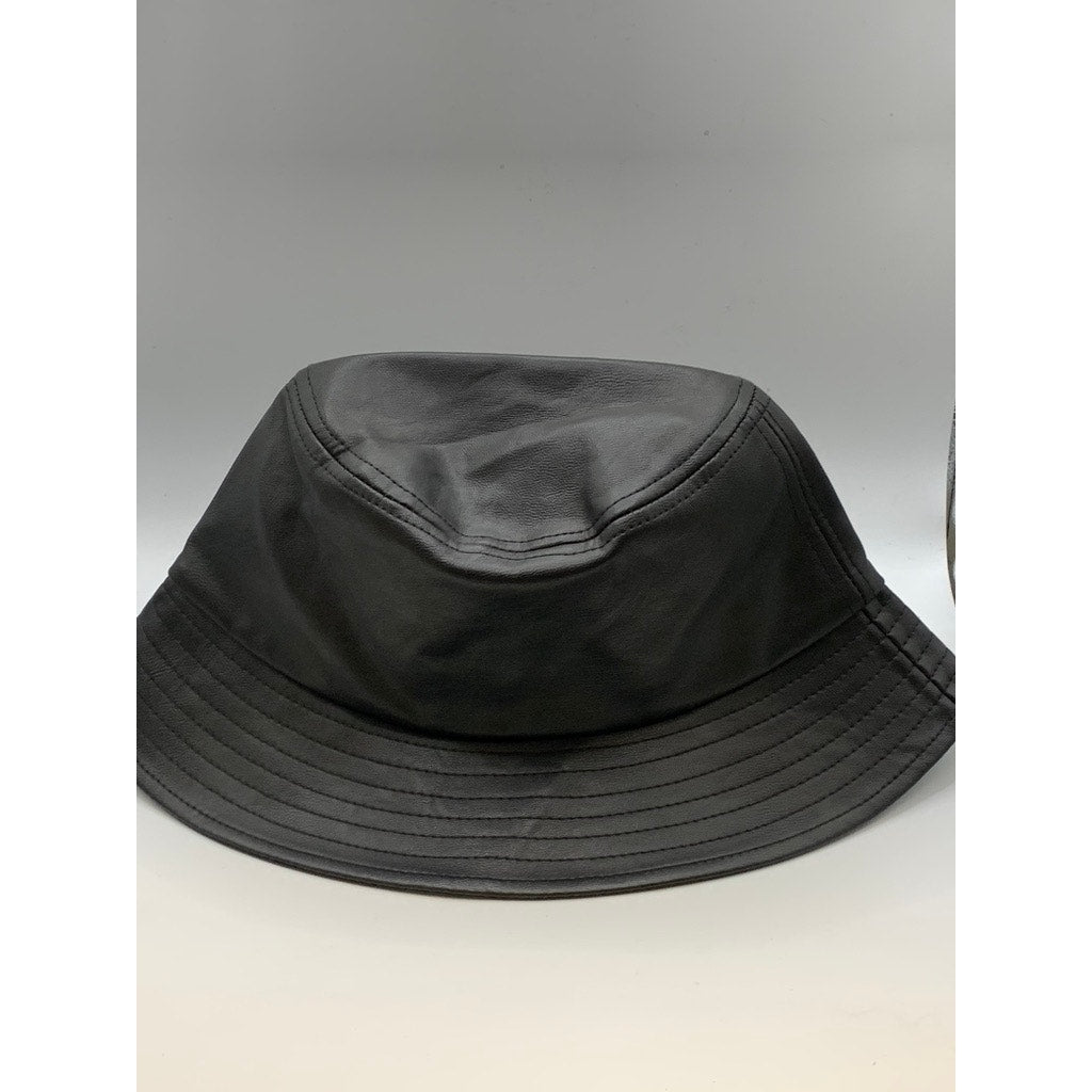 UNBRANDED Unisex Black Solid Faux-Leather Bucket Hat SZ OS