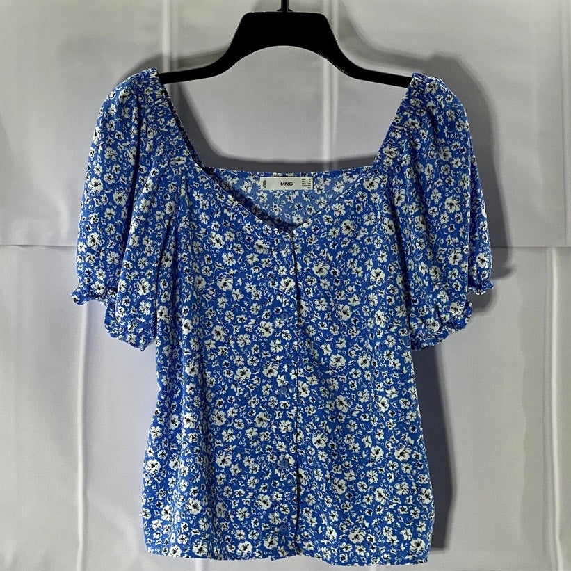 MANGO Women's Sky Blue Floral Print Puff Sleeve Button Front V-Neck Blouse SZ 4