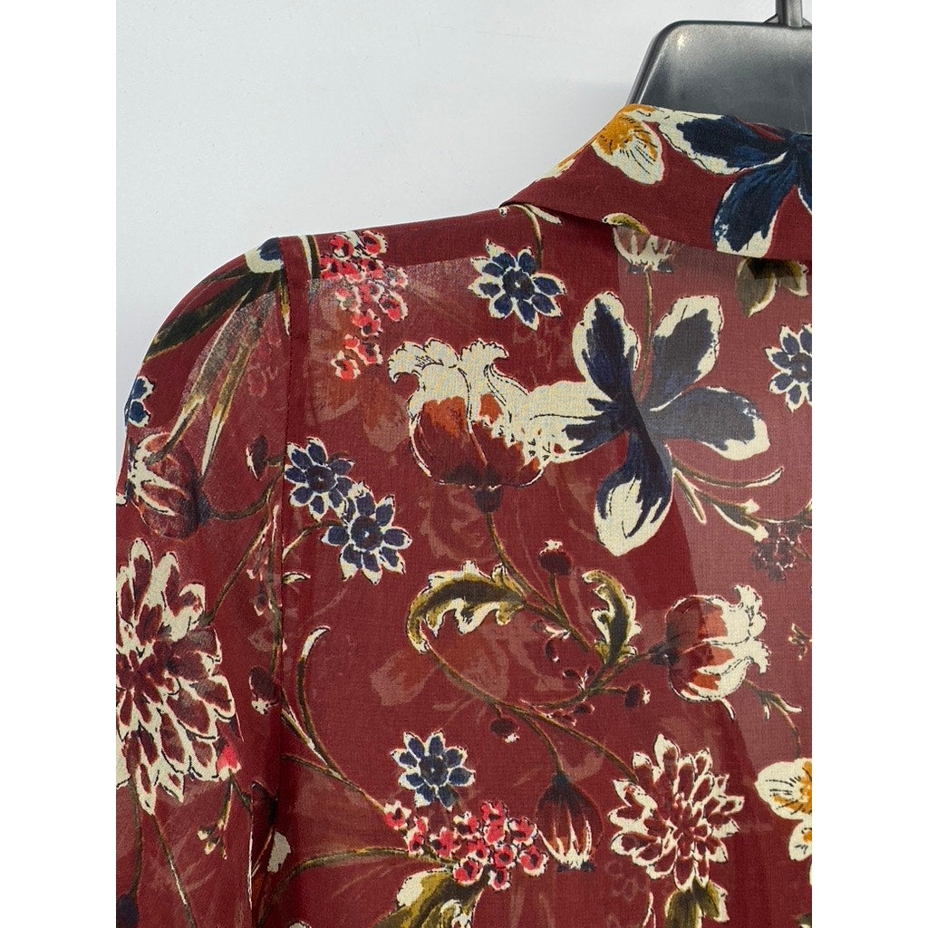 ZARA BASIC Women's Burgundy Floral Long Sleeve Button-Up Side-Slit Duster SZ XS