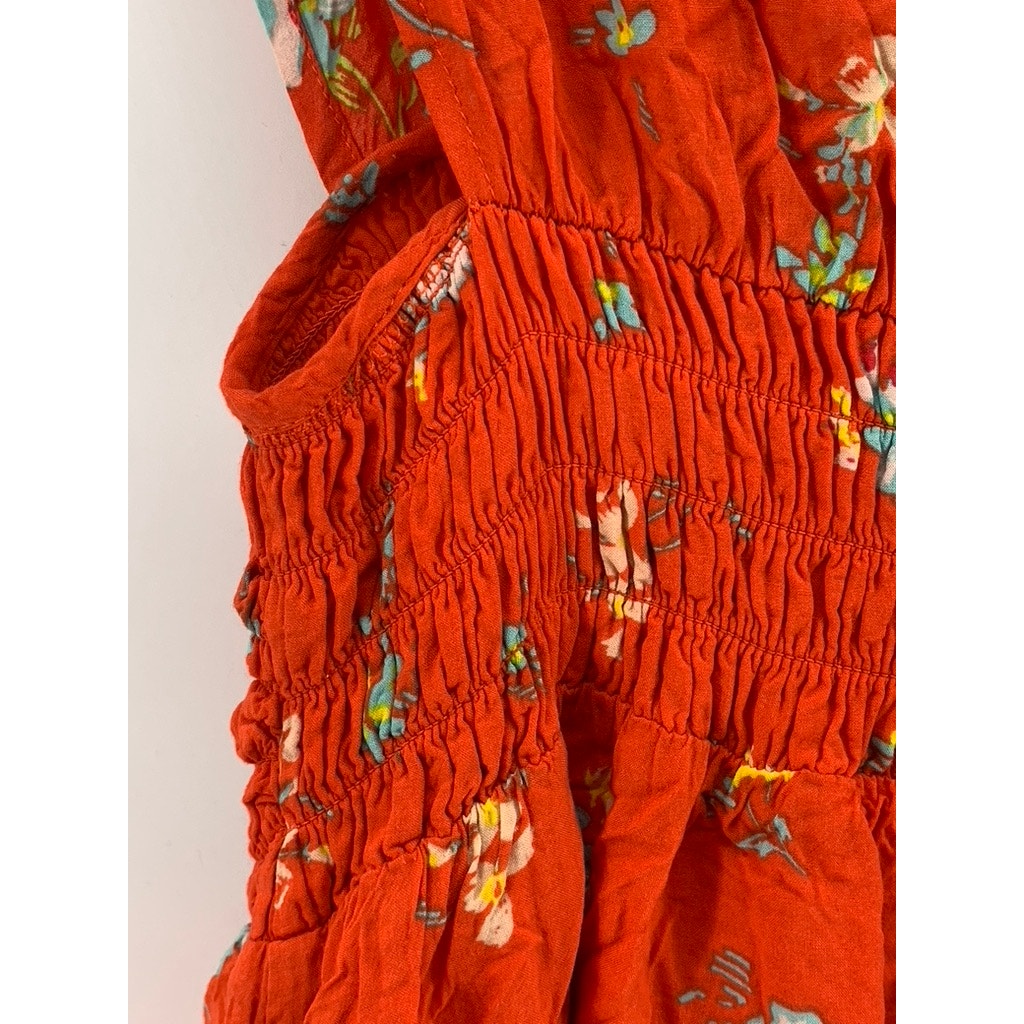 FREE PEOPLE Women's Red Orange Floral V-Neck Short Sleeve Smocked Dress SZ XS