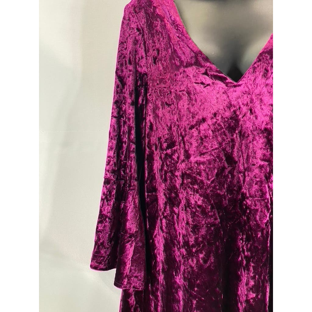 ELIZA J Women's Magenta Crushed Velvet V-Neck Bell Sleeve Mini A-Line Dress SZ16