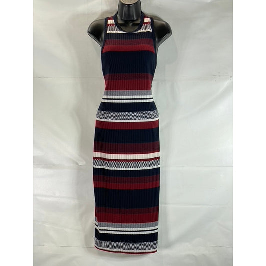SUPERDRY Women's Navy/Red Striped Crewneck Sleeveless Fitted Midi Dress SZ 12
