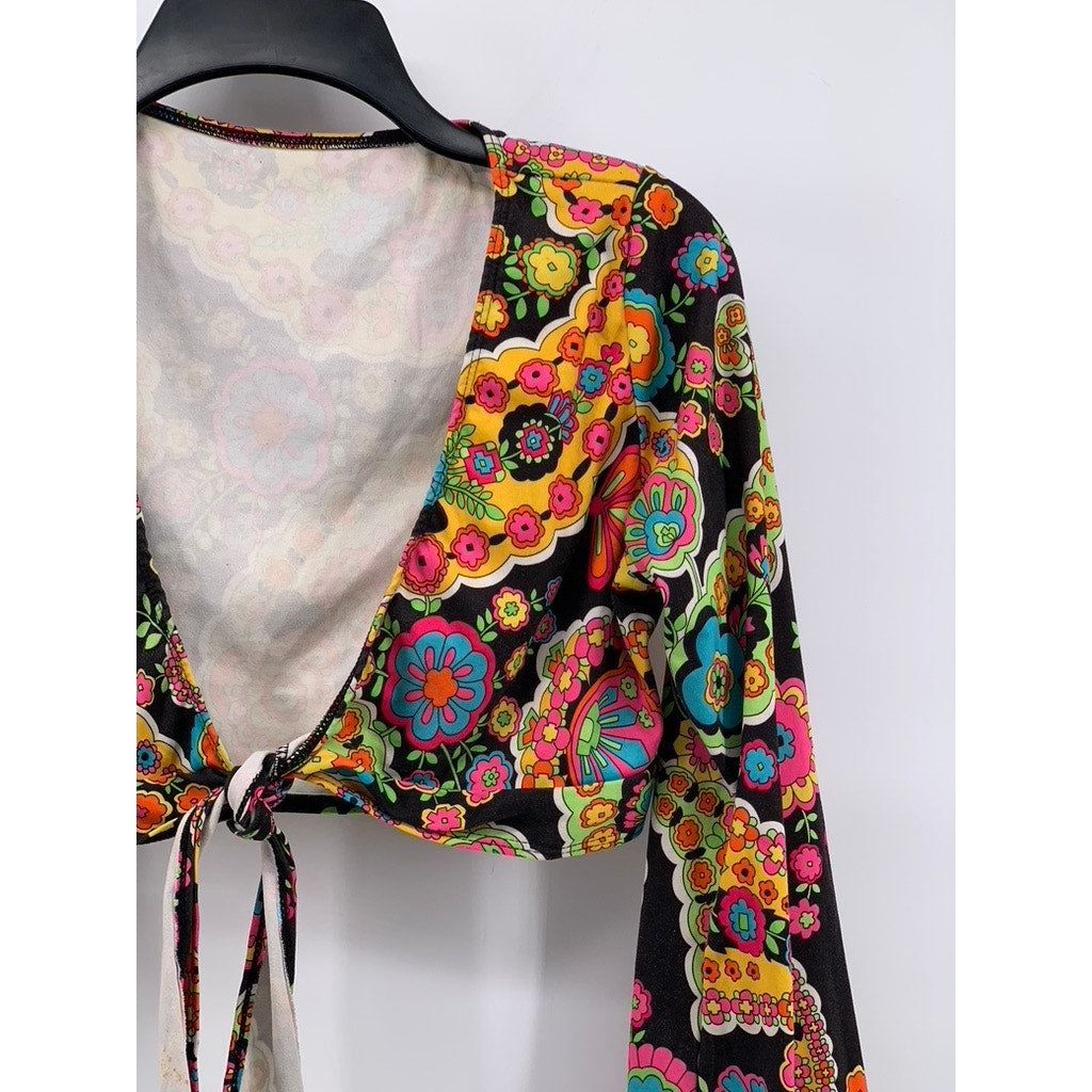 LEG AVENUE Women’s Black-Multi Paisley Retro Long Sleeve Crop Top SZ M/L